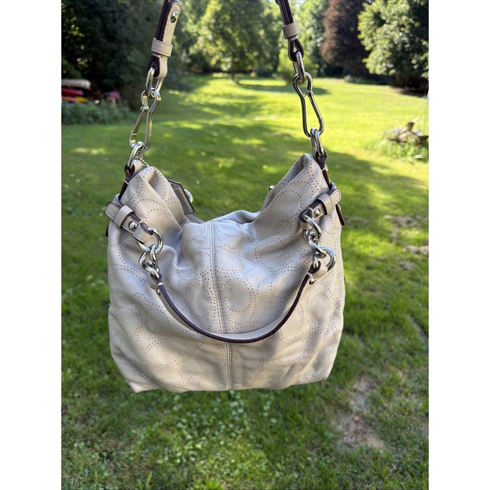 COACH Brooke Dove Gray Leather Perforated Signature Hobo Purse Boho